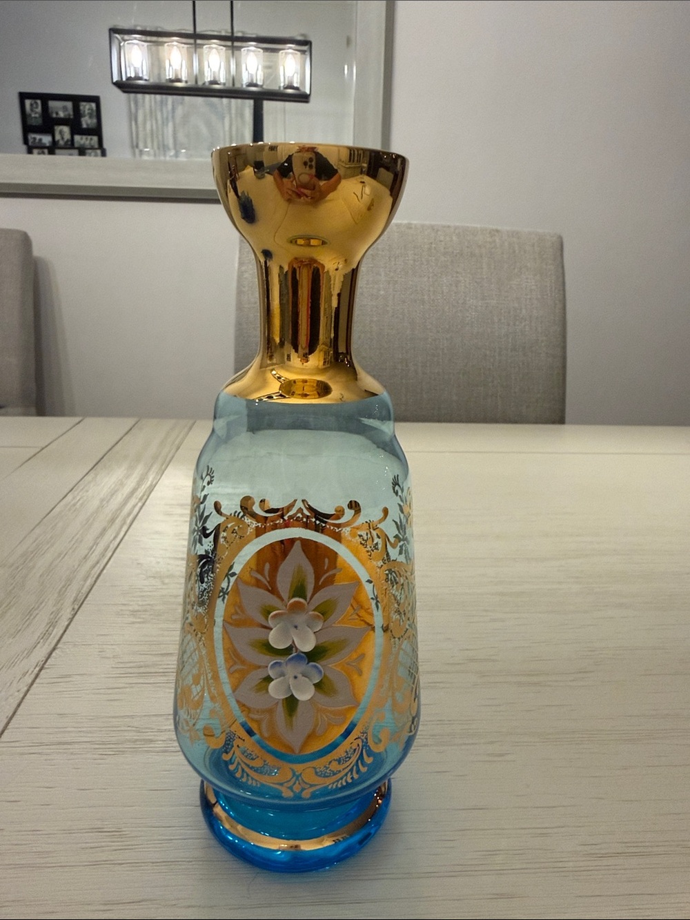 Abrand Blue and Gold Decorative Glass Vase with Floral Medallion